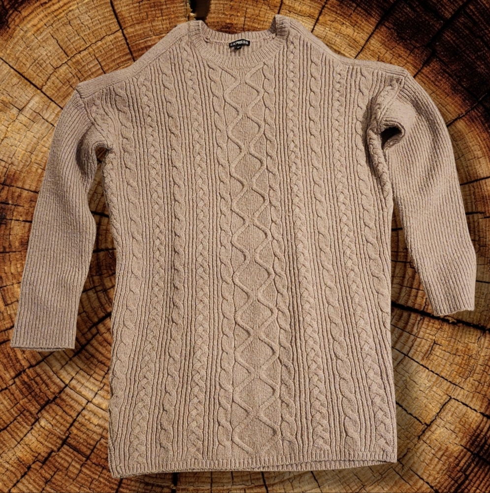 Express Long Sleeves Crewneck Open Shoulders Womens Cable Knit Sweater Dress